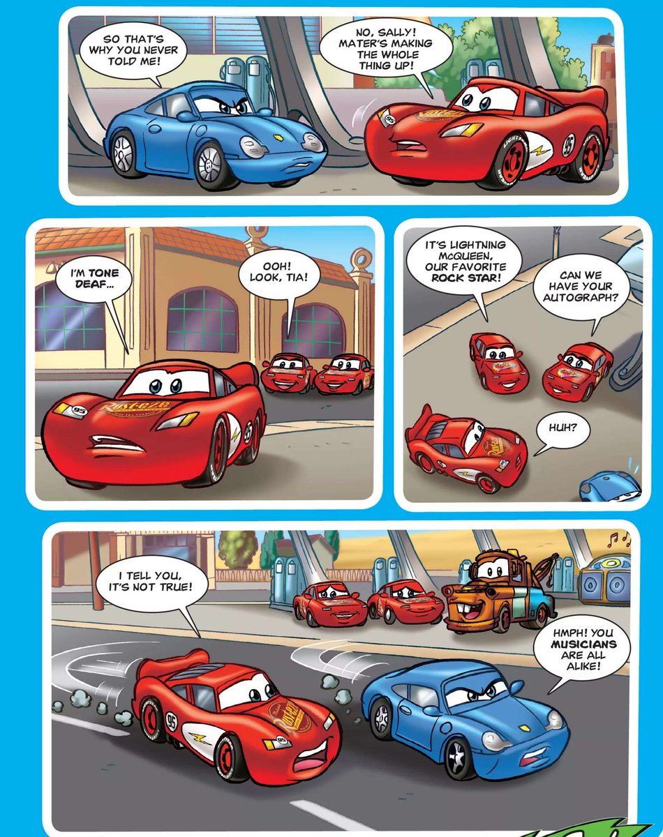 ScoobGoob's tweet photo. Mater is an absolute menace is this comic.

Not only was he criticizing Sally's taste in music and telling one of his "Tall Tales" about allegedly being in a metal band with Lightning, but he also caused tension in Lightning and Sally's relationship and was SMILING about it 😭 https://t.co/Ntw2Z1EdLH