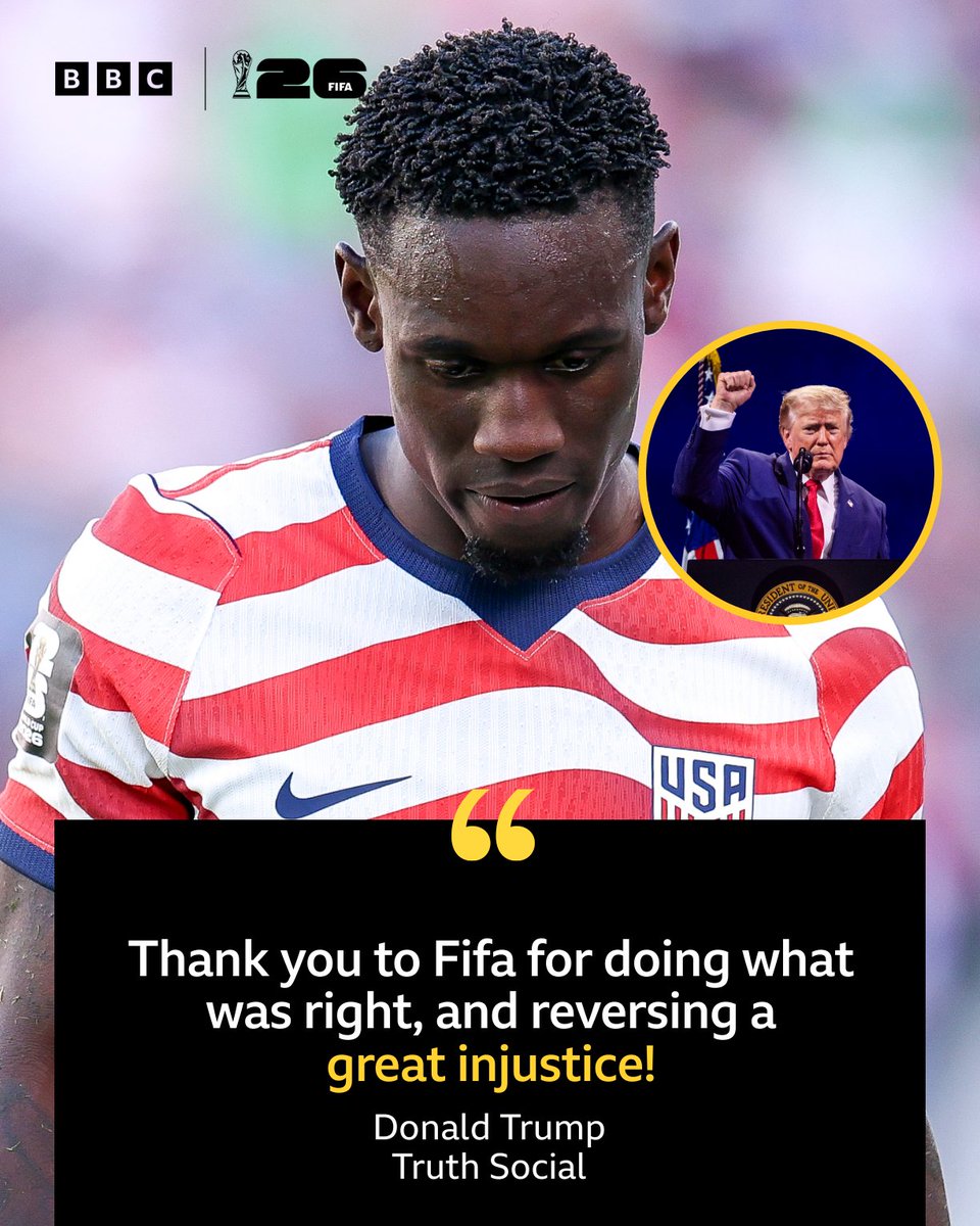 BBCMOTD's tweet photo. US President Donald Trump has thanked Fifa for suspending Folarin Balogun's ban.

#FifaWorldCup https://t.co/tJTC88A09u