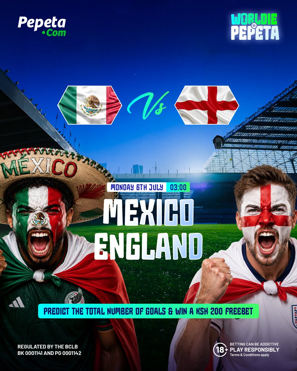 pepeta_bet's tweet photo. Leo kuna game genje sana pale Estadio Azteca🔥

Co-host's Mexico 🇲🇽 battle 🏴󠁧󠁢󠁥󠁮󠁧󠁿 England in the round of 16.

Mexico wako na advantage ya crowds but England watajikaza kufika Quarter Finals.

Hii itaisha aje?🤔
Predict the TOTAL NUMBER OF GOALS in this game for a chance to win 200BOB FREEBET 

T&C's
1. You MUST share this post
2. Answers posted after kickoff time WILL NOT be considered
3. One comment/answer per account
4. Edited comments will be disqualified
5. You MUST have a Pepeta account 

Trivia ends tomorrow by 2.58am