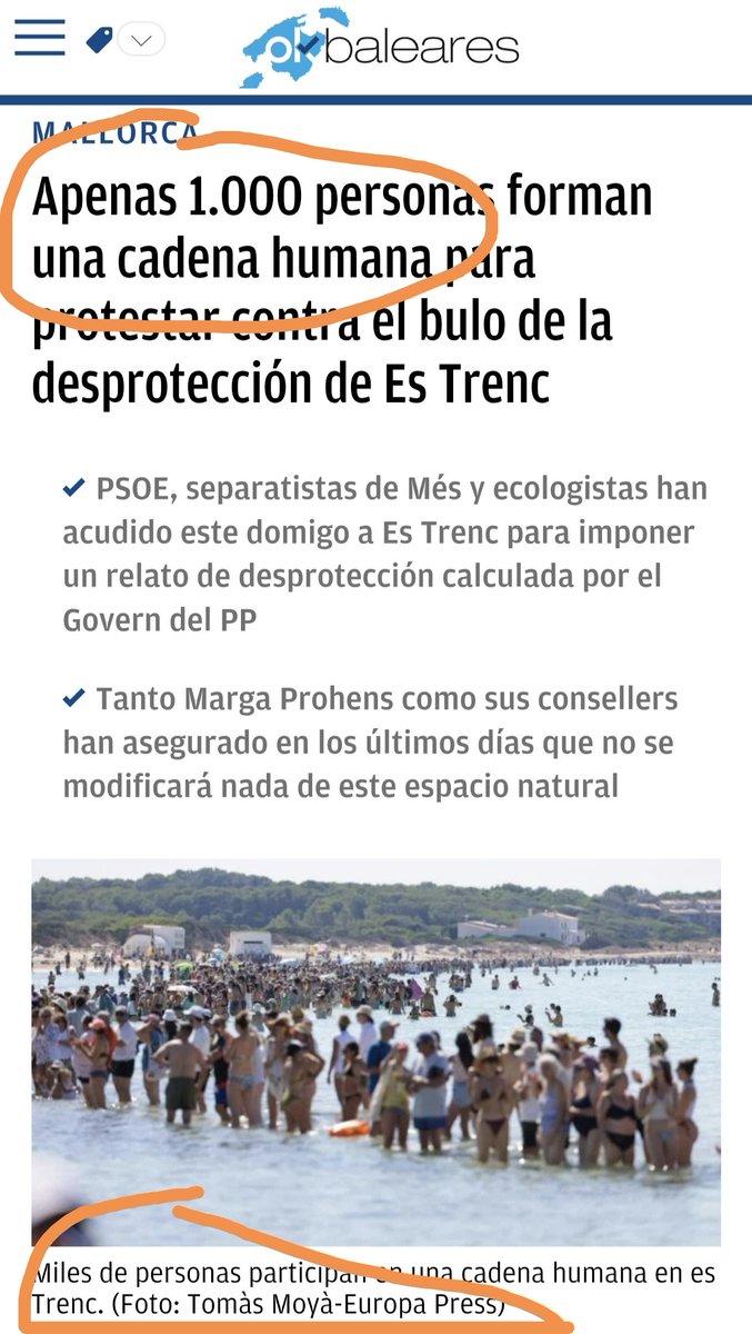 vagadefam's tweet photo. Resposta massiva en defensa des Trenc!!!! 

Heus ací com ho han vist les portades de quatre mitjans: els tres primers parlen de l'assistència de milers de manifestants que arriben a un màxim de 10.000. El mitjà que fa quatre, OK Diario del colonitzador foraster, Eduardo Inda, que pràctica la desinformació sistemàtica i el terrorisme periodístic al servei del CNI i de PP-VOX, ha fotut en portada la gran mentida de "Apenas mil personas forman una cadena humana..." però amb les presses no han pensat a esborrar el peu de foto de l'Agència Europa Press que reprodueixen i que parla de "miles de persones".

Els periodistes fatxes del PP-VOX reclutats per Inda a les colònies d'ultramar: Tomás Ibarz, Pedro Serra, Indalecio Rivelles, Julio Bastida, M. Á. Font, Mar del Valle, Fernando Merino... són uns cracs fora sèrie!