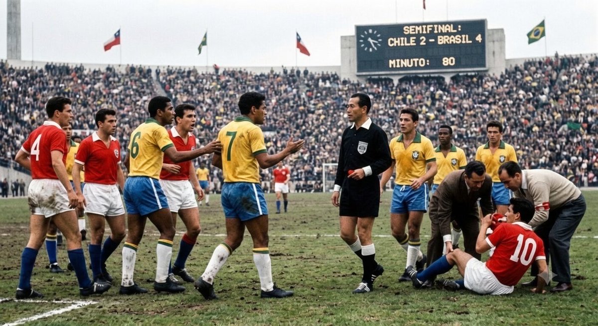 futnostalgico's tweet photo. 🇧🇷 O famoso “cartão vermelho” da semifinal de 1962.

Na semifinal Brasil 4×2 Chile, Garrincha foi expulso depois de revidar as provocações e pontapés dos chilenos (especialmente de Eladio Rojas).

Na época não existia cartão vermelho (só foi oficializado em 1970). O juiz simplesmente mandava o jogador para o vestiário. Garrincha deveria ficar de fora da final contra a Tchecoslováquia.

No entanto, a Confederação Brasileira de Desportos (CBD) articulou uma manobra nos bastidores para que a súmula do árbitro não fosse entregue a tempo. Sem o julgamento formal, a suspensão foi evitada e ele pôde entrar em campo.