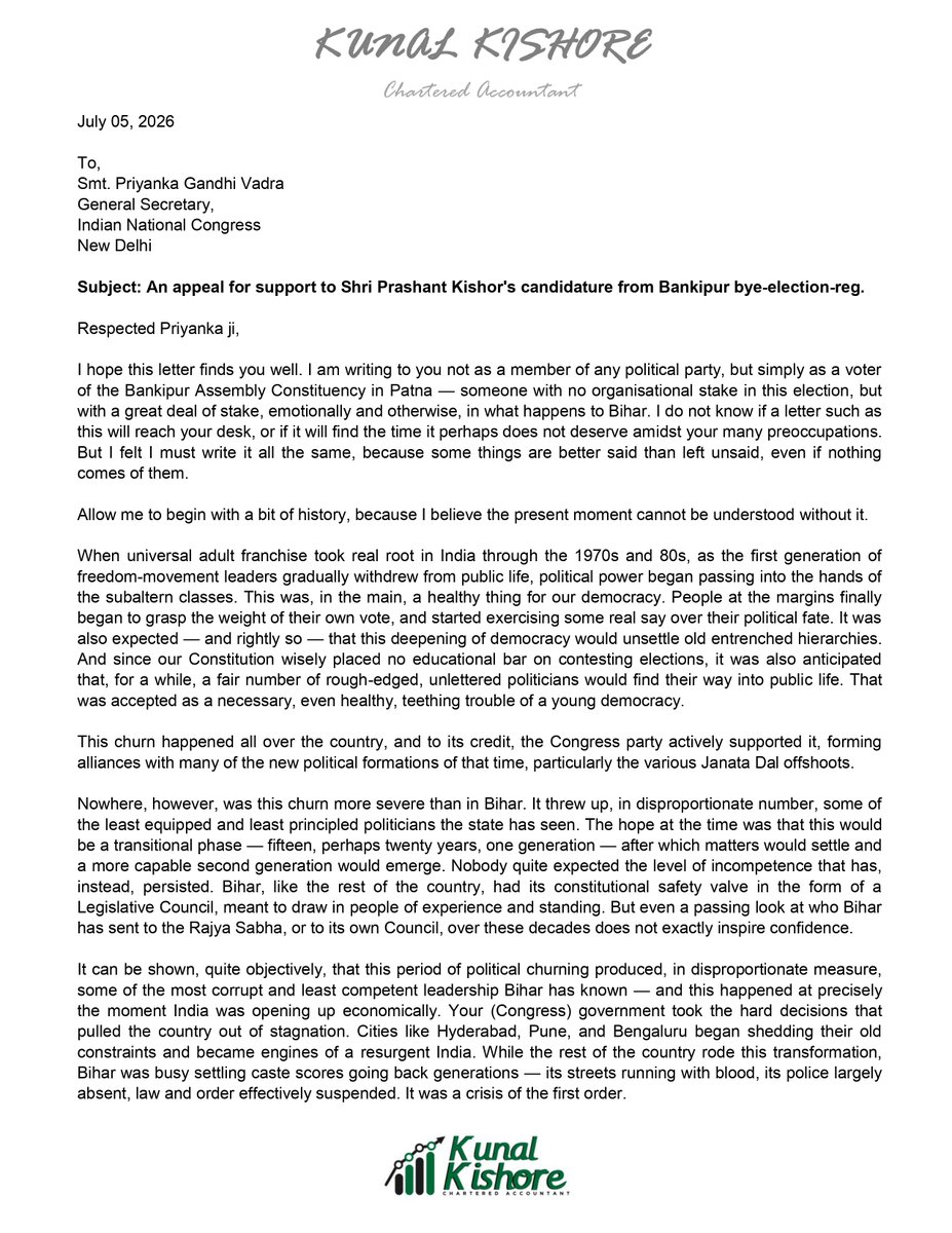 qounal's tweet photo. Bihar has waited 40 years for a leader chosen on merit, not caste arithmetic. 

I wrote to @priyankagandhi ji, requesting Congress &amp; RJD to make way for @PrashantKishor in Bankipur — one seat, one healing gesture for a wounded state.

Read the letter 👇 https://t.co/d1LVmpFu8E