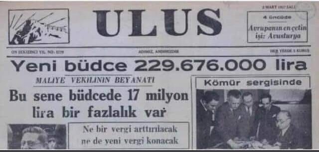 celal2023's tweet photo. Yıl 1937. Atatürk dönemi. Gazete manşeti.
"Bu sene bütçede 17 milyon lira fazlalık var. Ne bir vergi arttırılacak ne de yeni vergi konacak.
Bütçe fazlasının 2,3 milyonu eğitime, 1,5 milyonu sağlığa, 900 bini ormanların ıslahına, 8 milyonu da sanayileşmeye ayrılacak." ... https://t.co/FET0oOX8h1