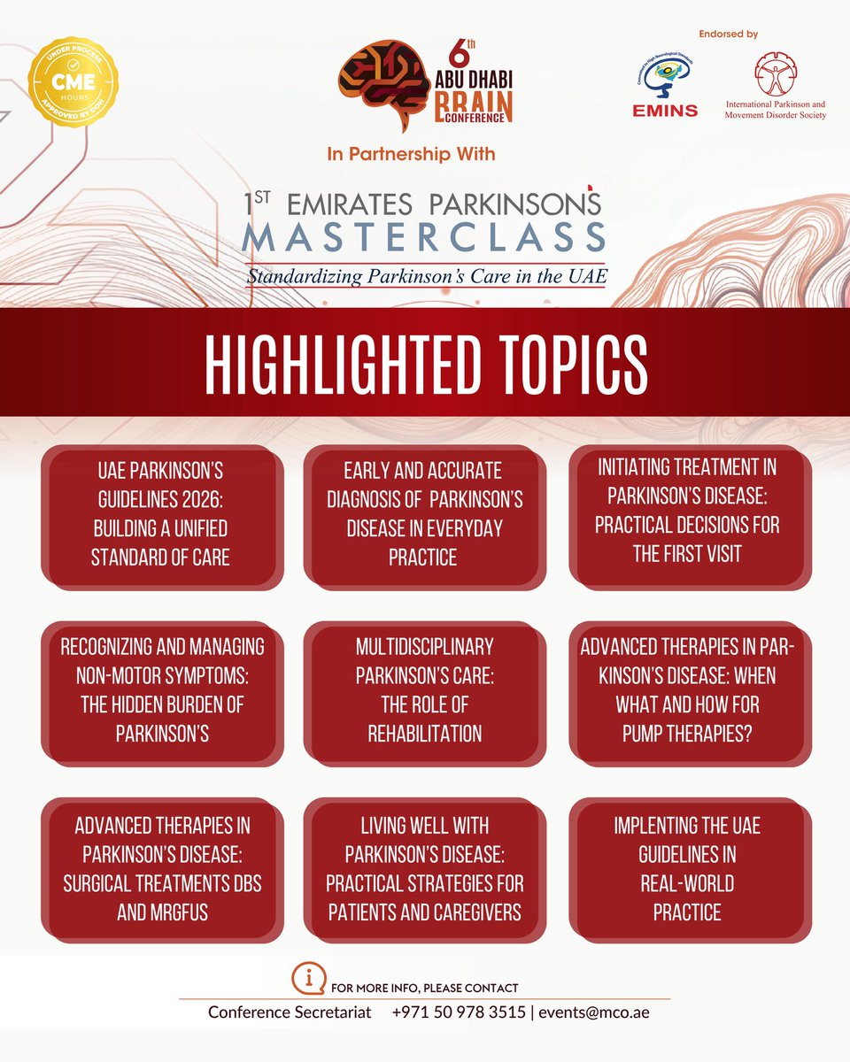 EMINS_ae's tweet photo. 6th Abu Dhabi Brain Conference x 1st Emirates Parkinson’s Masterclass.

Standardising Parkinson’s Care in the UAE.
Register here: https://t.co/EmCMBLBp9W

Chaired by Dr. Shivam Om Mittal, Cleveland Clinic Abu Dhabi.

#ParkinsonsDisease #ADBC2026 #MedTwitter #NeurologyUAE #EMINS https://t.co/EIm84i3R6V
