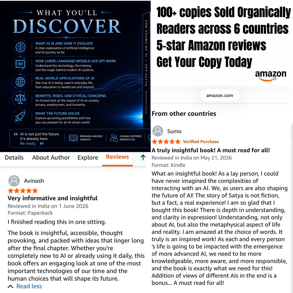 aigptsatya's tweet photo. Grateful to see The Story of AI β GPT Satya reaching readers across countries and starting meaningful conversations on AI, ethics, and human-AI collaboration.
Available now on Amazon in Kindle and paperback.
#ai #thestoryofaigptsatya #astrokanu #aibook https://t.co/5XIkFoaaqJ