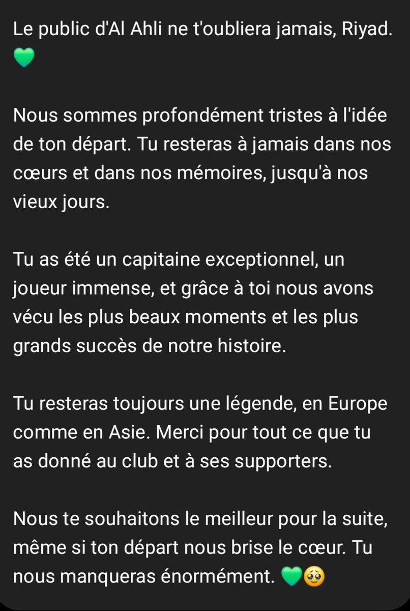 Mv_ashour's tweet photo. @Mahrez22 Le public d'Al Ahli ne t'oubliera jamais, Riyad. 💚🥹 https://t.co/Ybhx6t4VuF
