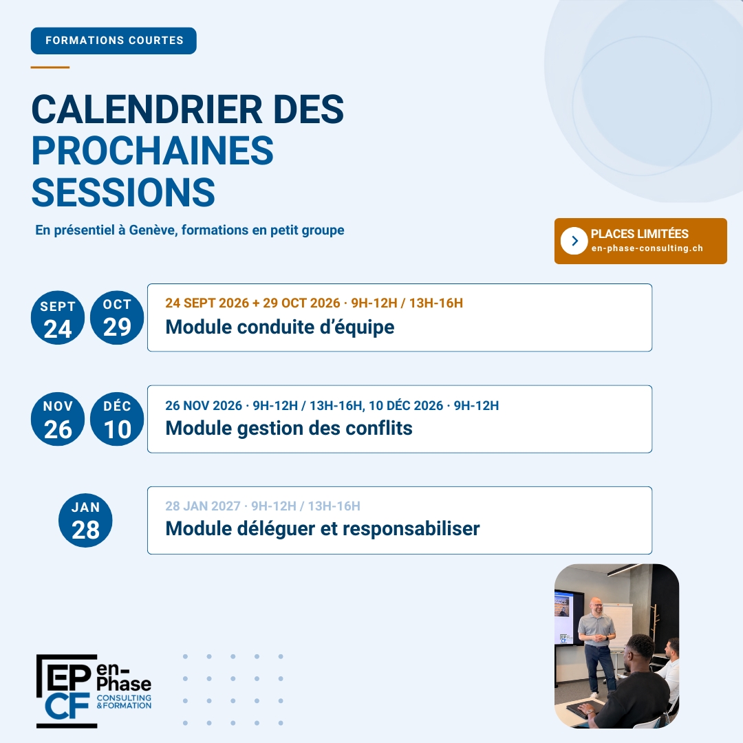 EnPhase_Consult's tweet photo. 📅 Nouvelles dates pour nos formations courtes !
Vous  souhaitez renforcer vos compétences en conduite d'équipe ou en gestion  des conflits sans bloquer plusieurs jours dans votre agenda ? 
Nos formations courtes, en présentiel à Genève et en petit groupe, sont conçues pour vous. https://t.co/qTY4yihEYW