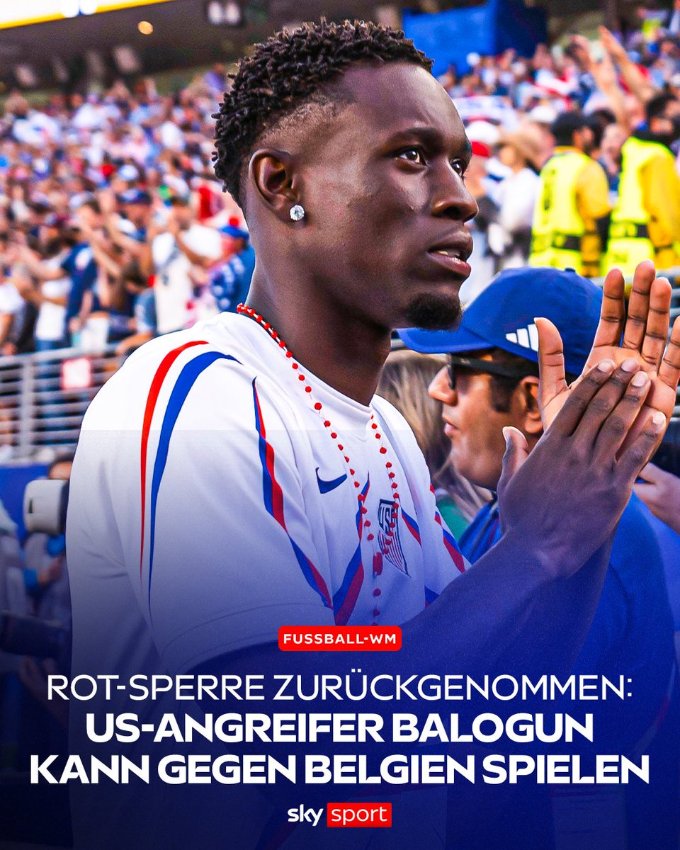 SkySportDE's tweet photo. Co-Gastgeber USA kann im Achtelfinale der Fußball-WM doch mit Folarin Balogun planen. Der 25-Jährige ist trotz seiner Roten Karte aus dem Sechzehntelfinale im Duell mit Belgien am Dienstag spielberechtigt, wie der Weltverband FIFA am Sonntag bestätigte.🇺🇸🚨 https://t.co/YncmBjCC6L