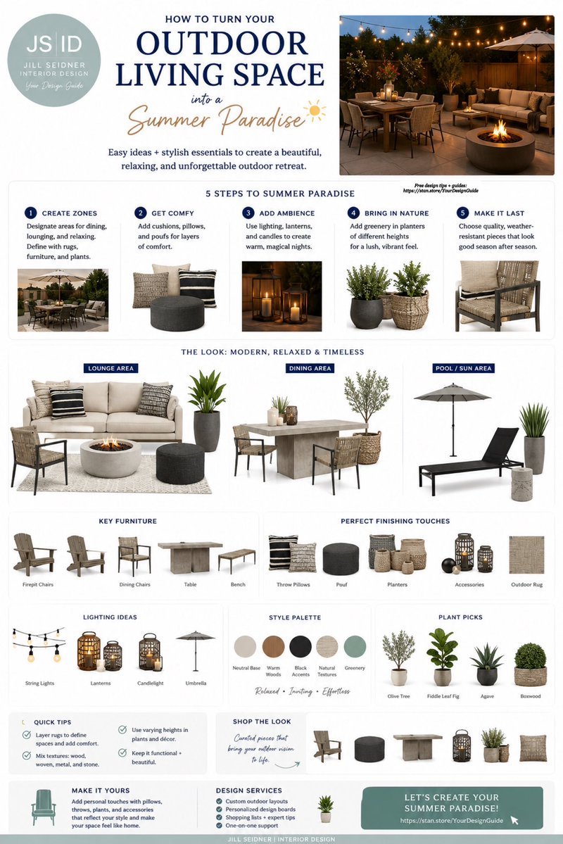 JSInteriorDes's tweet photo. Turn your outdoor space into your favorite room this summer.
Layer comfortable seating, warm lighting, greenery, & natural textures to create a space that’s beautiful, functional, and made for everyday living.
https://t.co/VNPsGb8qig
#OutdoorLiving #PatioDesign #BackyardDesign https://t.co/sky6JJJ271
