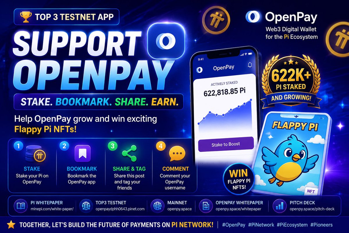 wainfoundation's tweet photo. 🚀💙 Support OpenPay – Top 3 Testnet App! 💙🚀 @OpenPayTeam @PiCoreTeam 

OpenPay has reached 622K+ Pi staked and continues to grow thanks to the amazing Pi community! 🔥

📖 Pi Whitepaper: https://t.co/JsRPlybLrN
💙🌐 TOP3 Testnet: https://t.co/7GOE6WJWoj
🌐 Mainnet: https://t.co/ORrh1053iq
📖 OpenPay Whitepaper: https://t.co/p3KAMT3aBc
📊 Pitch Deck: https://t.co/QiMevfh7VF

⭐ How to participate:
1️⃣ Stake your Pi on OpenPay and help boost our ranking.
2️⃣ Bookmark the OpenPay app in Pi Browser.
3️⃣ Like, repost, and tag your friends.
4️⃣ Comment your OpenPay username below.

🎁 Giveaway: We will randomly give away Flappy Pi NFTs to users who:
✅ Share this post
✅ Tag this post in your repost
✅ Comment their OpenPay username

Together, let’s make OpenPay one of the strongest apps in the Pi ecosystem! 💙🪙

#OpenPay #PiNetwork #PiBrowser #Web3 #PiCommunity #Pioneers #OpenPayWallet #FlappyPiNFT #PiEcosystem #PiCrypto #Top3Testnet #StakeOpenPay 🚀💙