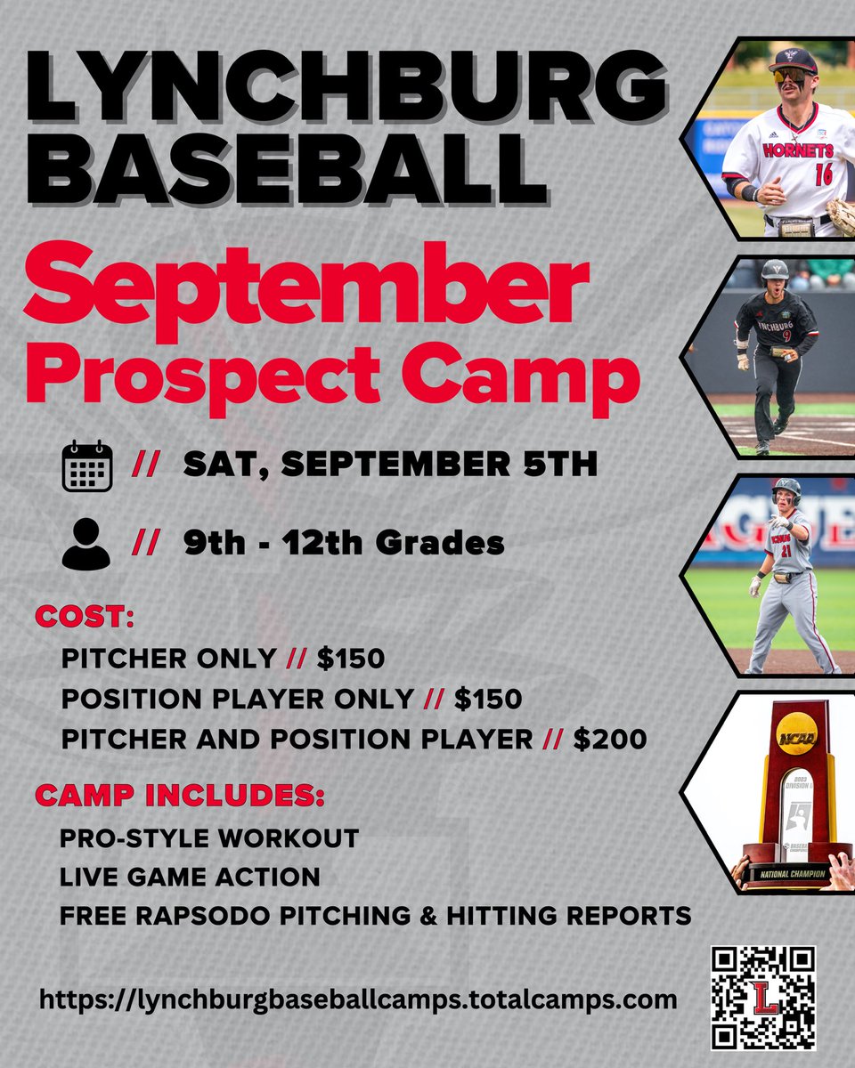 LynchburgBaseBl's tweet photo. 🧢 September HS Prospect Camp 🧢

🗓  Sat, Sept 5th
😎  Labor Day Weekend
📍  University of Lynchburg

Camp Includes: 
⚾️  Pro-style Workout
💻  @rapsodo Hit &amp; Pitch Data
🏟  Game Action 

Register at
https://t.co/QTzQ53fbT3 https://t.co/ElIS0Lz27X