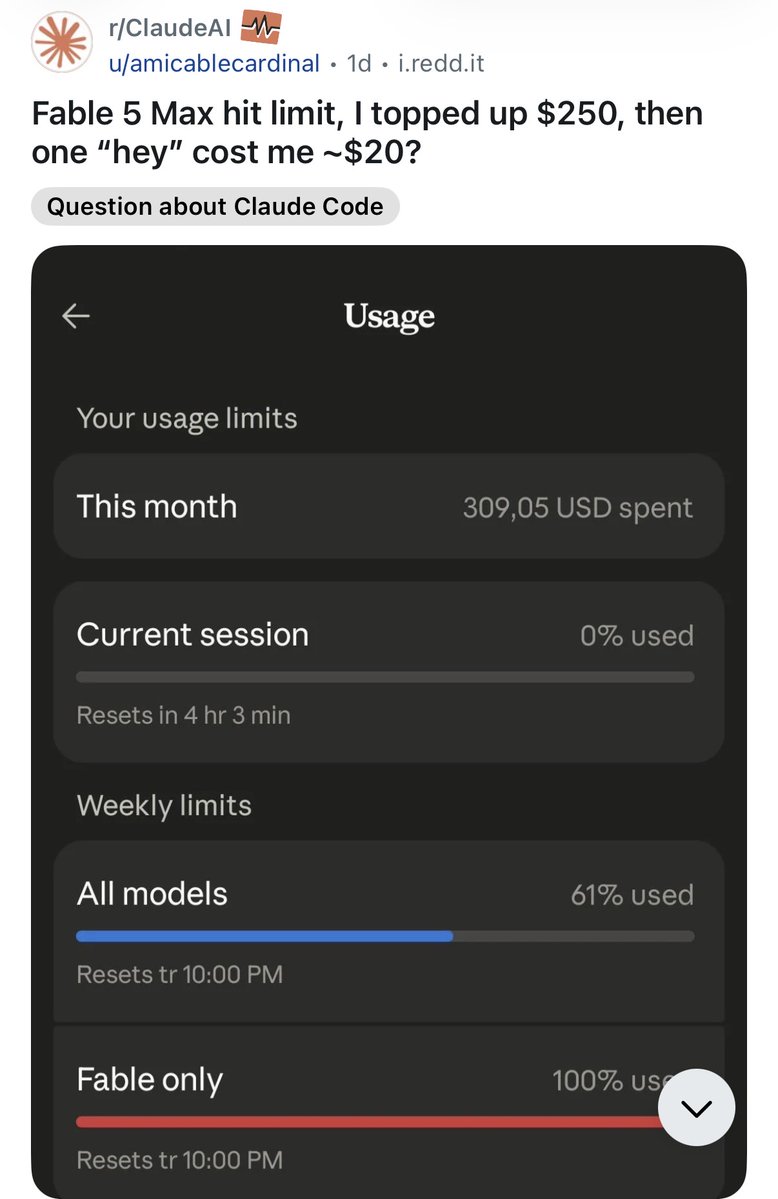mardehaym's tweet photo. BREAKING: A Reddit user lost $20 after typing "hey" into Fable 5.

Bro paid dinner-for-two money to say hi to a chatbot.

He was on the $200 Max plan, hit his Fable 5 limit, topped up $250 in credits. Typed "hey" as a test.

Screen showed a few tokens. His balance dropped $20.

He pulled up the logs. 847,000 tokens on one message.

Claude Code resends your entire session context with every message. System prompt, tools, full chat history. You pay for all of it as input.

"hey" carried 847,000 tokens of baggage with it.

His total spend hit $336. Post got 1,400 upvotes on r/ClaudeAI.

Fable 5 moves to credit-only billing Monday. $10 per million input, $50 per million output.

Start fresh sessions often. Keep your context lean. 

One "hey" in a long session costs you a meal.