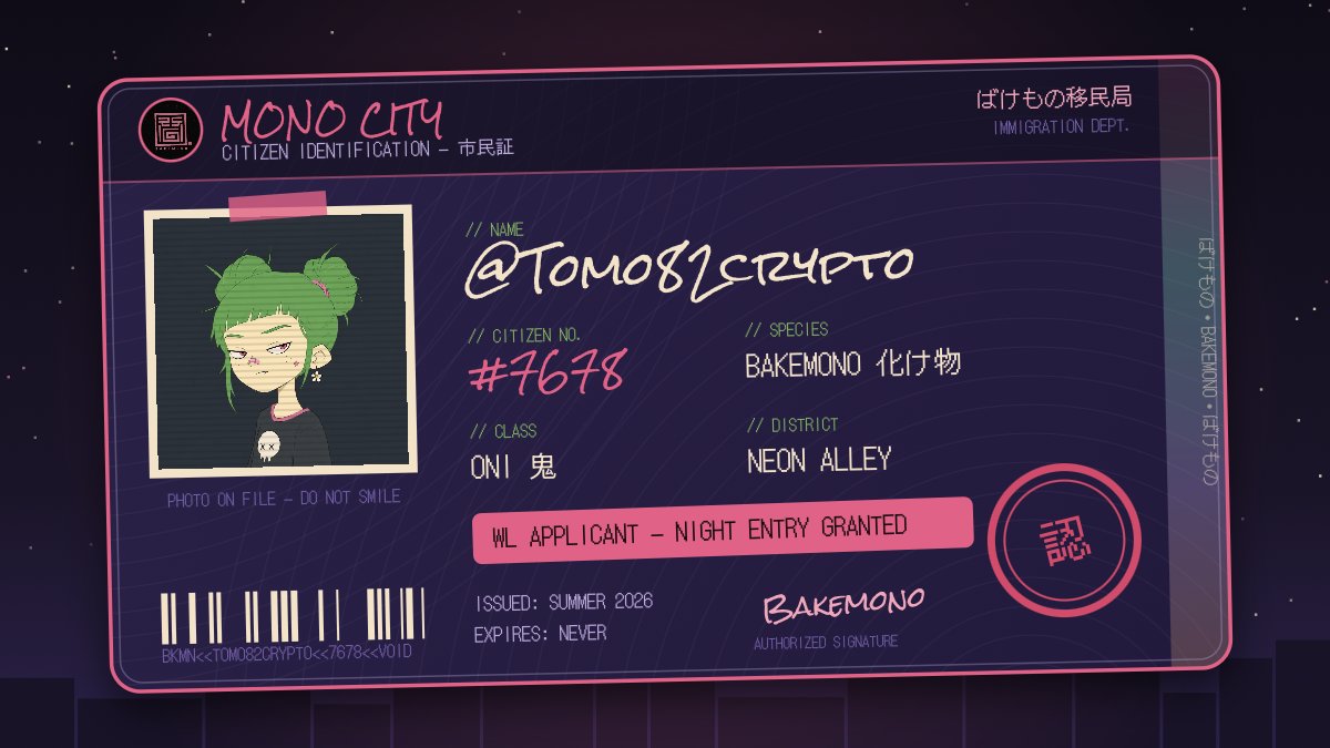 tomo82crypto's tweet photo. MONO CITY just granted me citizenship 👹 CITIZEN #7678

ばけもの @BakemonooNFT — craziest IP launch this NFT summer.

https://t.co/UnO4L7LMUC https://t.co/cRoS7Rw63F