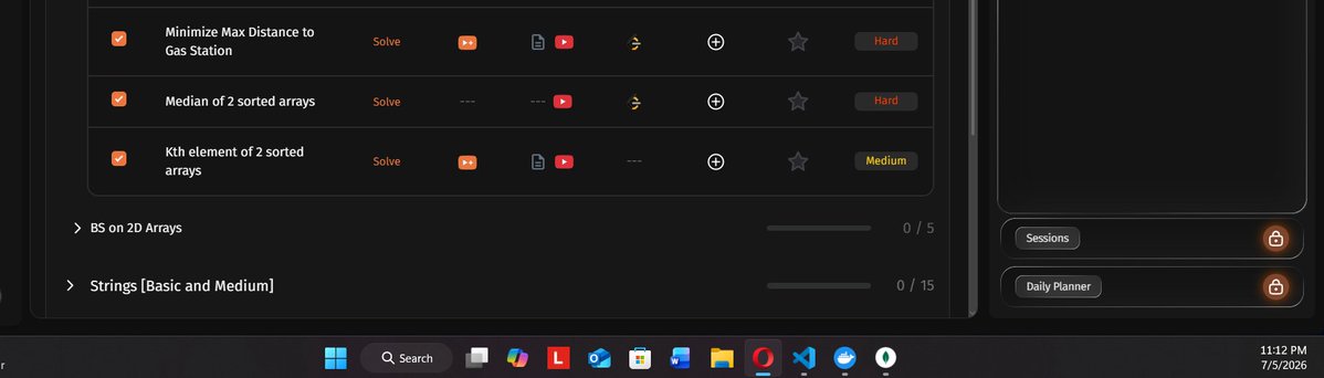Parass227's tweet photo. Day 27 DSA Progress ⚡

Finished with 3 tough ones:
1) Minimize Max Distance to Gas Station
2) Median of 2 Sorted Arrays
3) Kth Element of 2 Sorted Arrays

Binary Search on 2D arrays next!

#buildinpublic #dsa https://t.co/VWkJRdsbFq