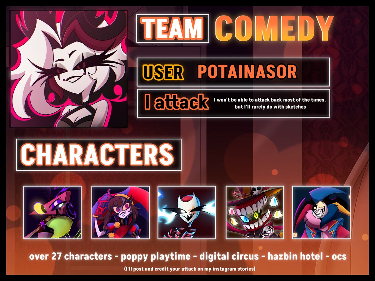 potainasor's tweet photo. Potainasor Artfight sheet ~ β€οΈβ¨οΈπ€
https://t.co/jHhTCJE6JI
27+ characters
I'll be posting everybody's attacks on my instagram stories with the link of the attack!
#hazbinhotel #digitalcircus #tadc #poppyplaytime #circusofhell https://t.co/9qO341Hvn6