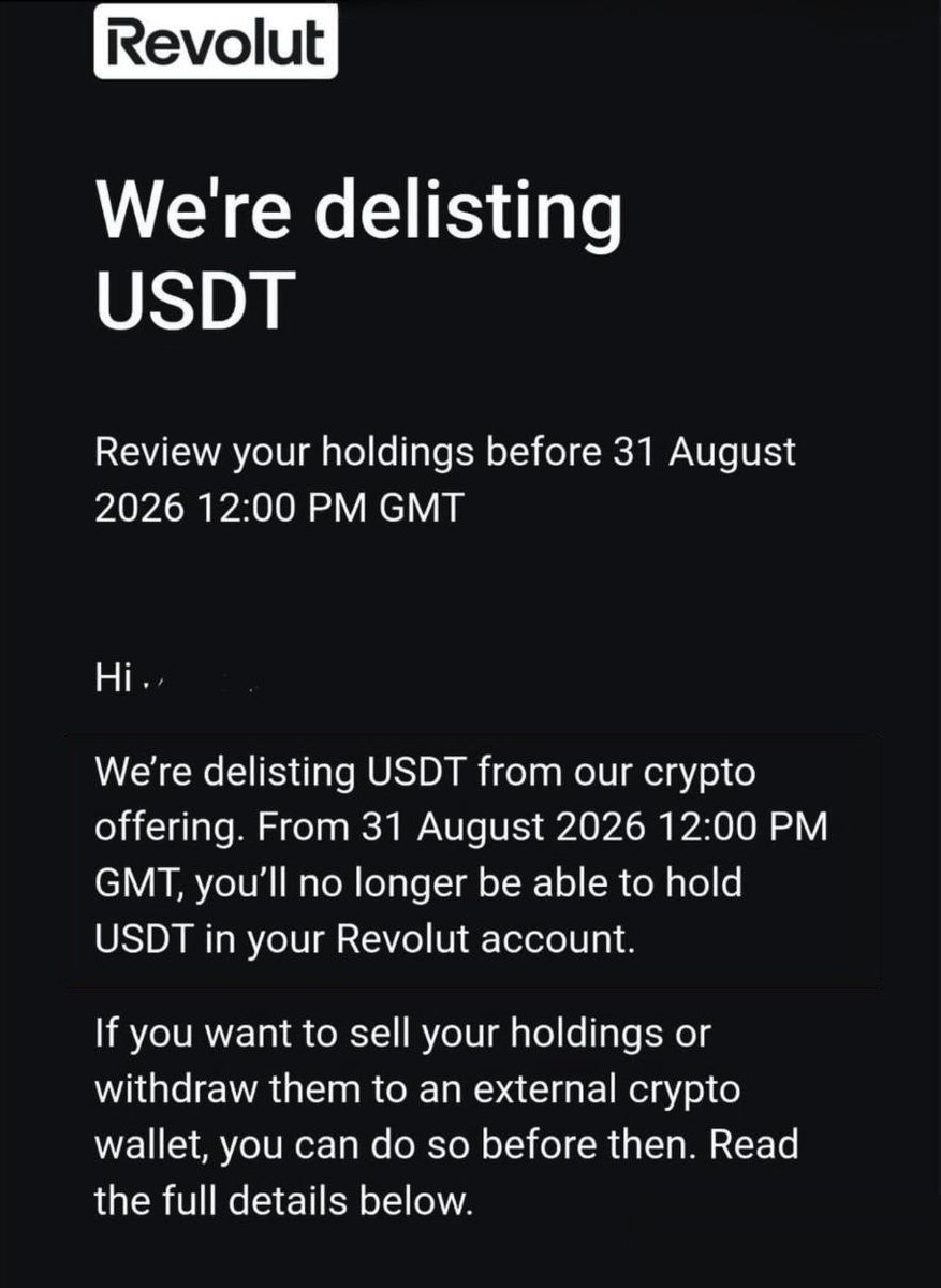 NEXORAt6g's tweet photo. 🇪🇺 Europe's largest fintech company, Revolut, is delisting the USDT stablecoin.

Users across Europe have received notifications (via push and email) informing them that support for USDT will be discontinued.

After August 31, 2026, any remaining USDT balances will be automatically converted into fiat currency at the prevailing market rate.

Reason: Compliance with MiCA regulations. Tether has not obtained MiCA authorization (unlike USDC).
