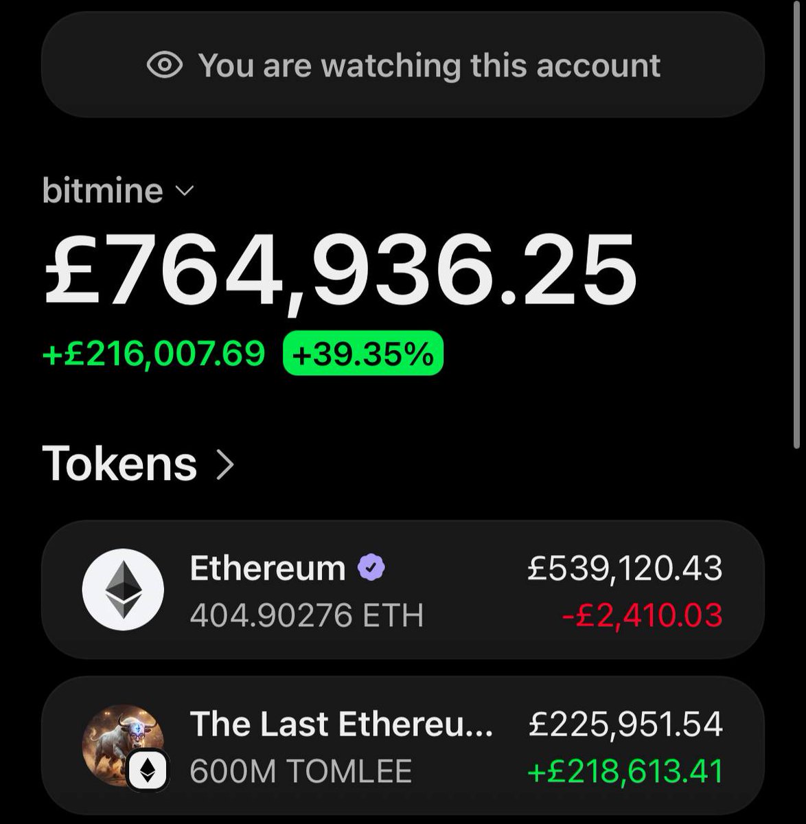 Tomleeerc's tweet photo. The mission of $TOMLEE is simple: help Tom Lee reach his goal of owning 5% of the entire ETH supply. 🚀

Tom Lee has repeatedly stated BitMine’s target is 5% of all ETH. 

Proof/interview: https://t.co/zatlxYjqfs

Current bag: 600M $TOMLEE = £225,951

Support our saviour 🦬⚡️ https://t.co/up2RoPXHT4