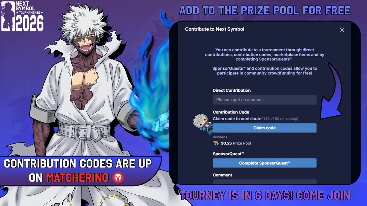 ItsJustMagales's tweet photo. Hi Everyone! 💝
Just wanted to let you all know that we now have Matcherino Contribution Codes for #NextSymbol #5 and #DemonicHeartbreakers #26! If you'd like to support and add money for FREE to both events, just claim a code! #MHAAJ #ASBR
Links Below 👇 https://t.co/q915U3if2R