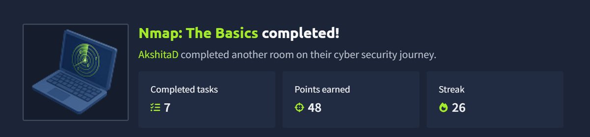 AkshitaDixit_15's tweet photo. 🌐Completed Module 5 of the Cyber Security 101 path on @tryhackme
✅Networking Concepts & Essentials
✅Networking Core & Secure
✅Wireshark
✅Tcpdump
✅Nmap
✅Active Reconnaissance
#TryHackMe #CyberSecurity #Networking #Wireshark #Nmap #Tcpdump #CyberSecurity101 #LearningInPublic https://t.co/HSV5WQAmUc