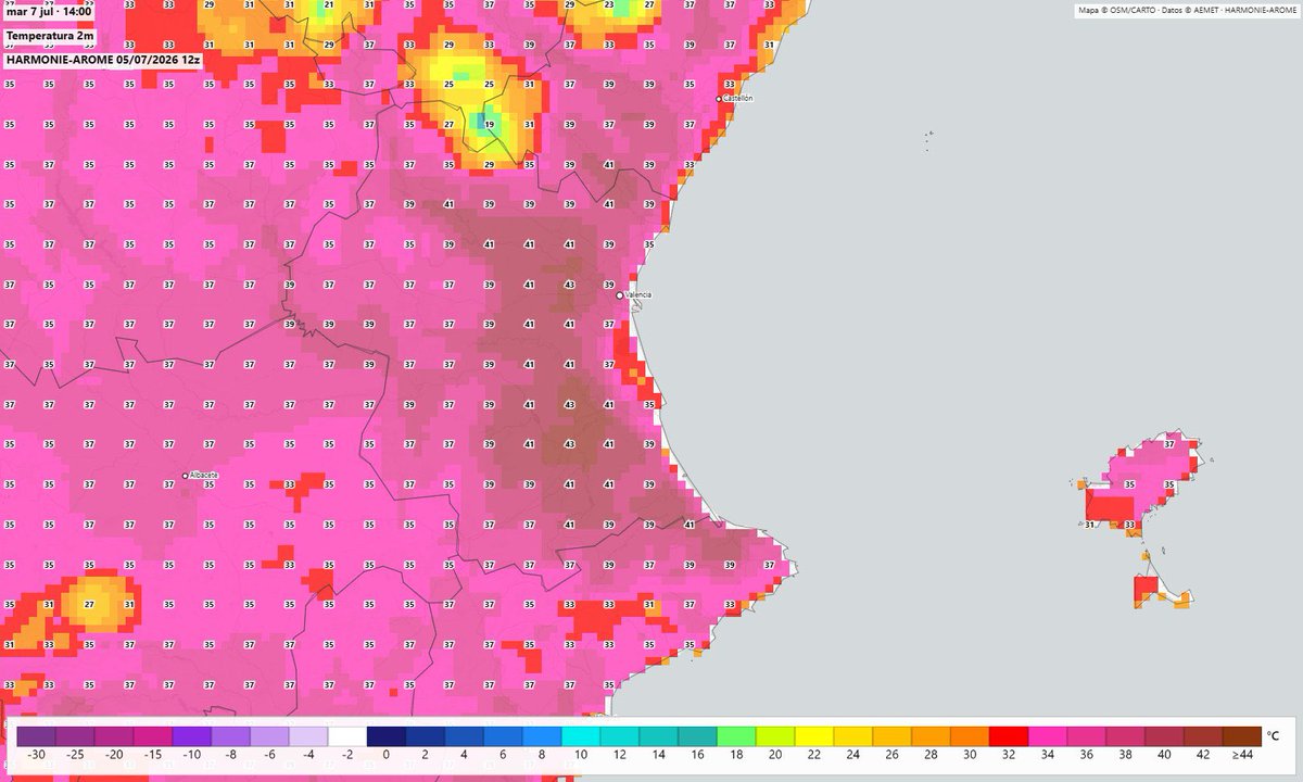 Stormyalert's tweet photo. El martes puede ser un día muy duro en el interior de la provincia de Valencia, donde las temperaturas máximas podrían rondar los 43ºC🥵
Mapa sacado de: https://t.co/6UNAct8tS9
#euwx #Meteo #Weather #Calor https://t.co/B24wQYehHo