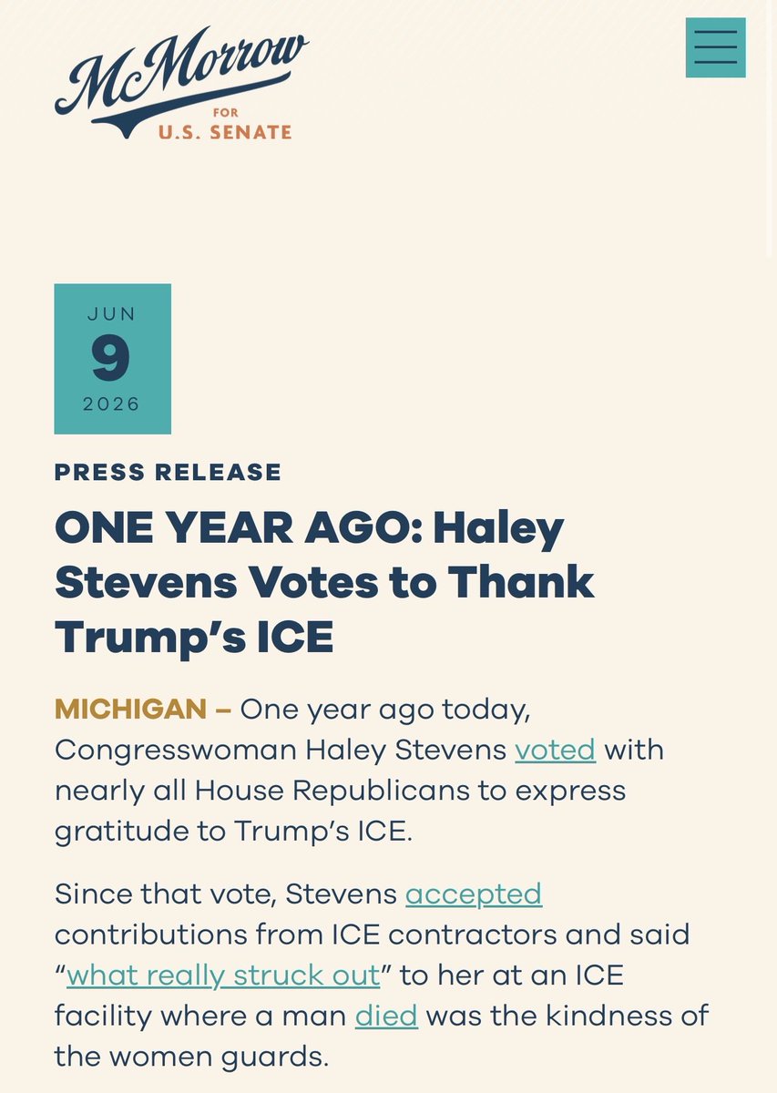 admcrlsn's tweet photo. Feels like a good time to remind people that just over a year ago Haley Stevens voted for a resolution that “expresses gratitude” to ICE for “protecting the homeland”

She also accepted money from ICE contractors &amp; noted how kind the women guards were at an ICE detention facility https://t.co/biDcSUWm4Q