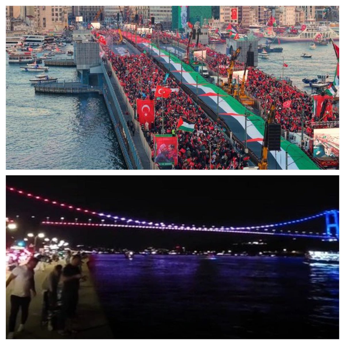 Uzaktan8138's tweet photo. Galata Köprüsü’nde Filistin bayrağı açanlarla, Fatih Sultan Mehmet Köprüsü’nü ABD’nin Bağımsızlık Günü için Amerikan bayrağının renkleriyle ışıklandıranlar aynı zihniyetin ürünü.. https://t.co/8bCgPByjrQ