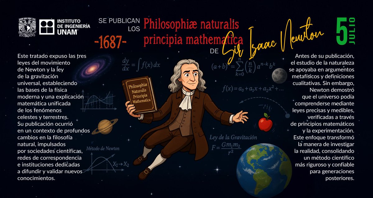 IIUNAM's tweet photo. Un día como hoy en 1687, Newton publicaba los Principia, el libro que cambió la física para siempre y nos enseñó cómo se mueve el universo.
#IsaacNewton #UnDíaComoHoy #Ciencia #Física #Gravity #TrendingTopic https://t.co/s9YOwvT0kd