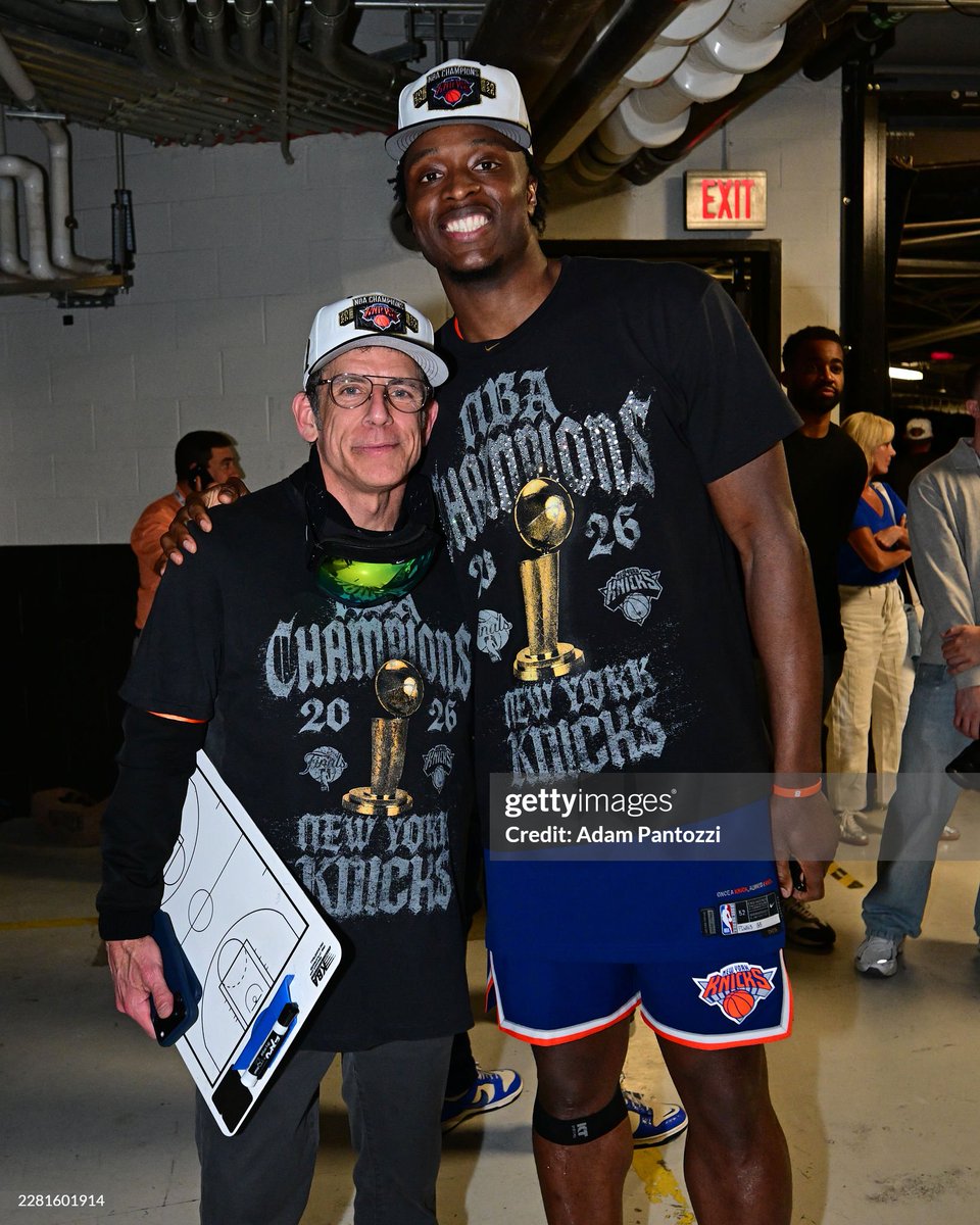 BenStillerFan1's tweet photo. SAN ANTONIO, TEXAS - JUNE 13, 2026

Jalen Brunson #11, OG Anunoby #8 of the New York Knicks and Ben Stiller pose for a  photo after winning the NBA Finals against the San Antonio Spurs during  Game Five of the 2026 NBA Finals at Frost Bank Center  in San Antonio, Texas. https://t.co/tfTpIv6YGN