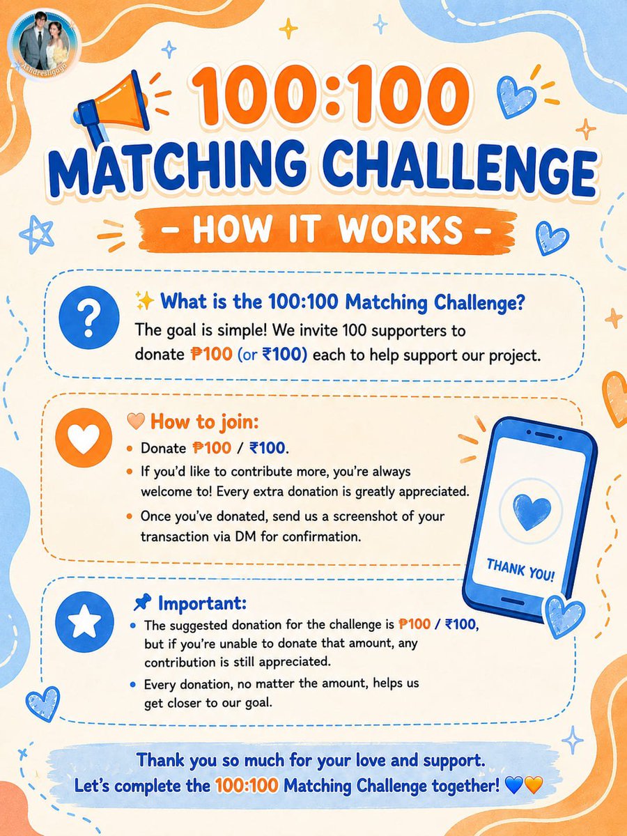 ashdresligaya's tweet photo. 🎉 100:100 MATCHING CHALLENGE 🎉Help fund our fan project for Ashtine's Concert on August 22! We need 100 supporters to donate ₹100 or ₱100 each for banners, printing, and materials! Every donation counts~ 
Ty for making this special!!  #ashdresligaya https://t.co/1YXCmVSjTJ