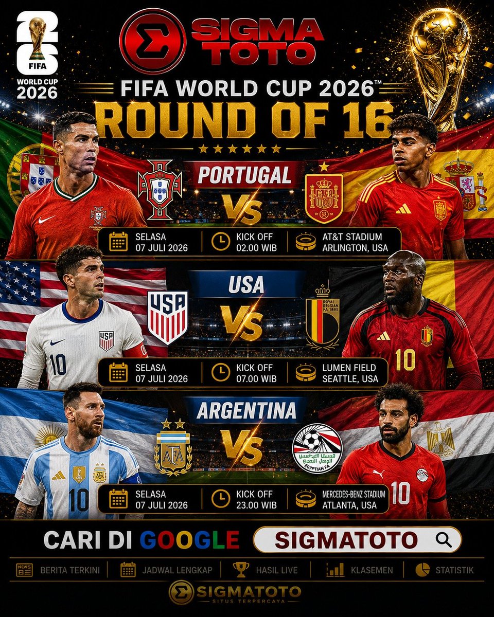 warungsigma78's tweet photo. ๐
๐๐
๐ ๐๐๐๐๐ ๐๐๐ ๐๐๐๐ ๐๐๐๐๐ ๐๐
PORTUGAL ๐ต๐น Vs ๐ช๐ธ SPAIN
USA ๐บ๐ธ Vs ๐ง๐ช BELGIUM
ARGENTINA ๐ฆ๐ท Vs ๐ช๐ฌ EGYPT
siapakah yang berhasil melaju ke babak selanjutnya?
#sigmatoto #fifaworldcup2026 #round16 #pialadunia #seputarsepakbola #fyp #trending #viral #semuaorang https://t.co/PYcPUzLh1b