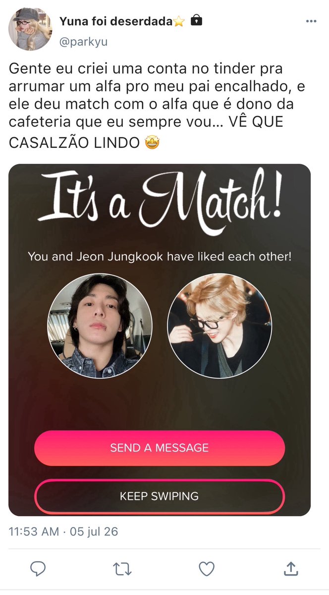 Belleslune's tweet photo. 📲 tinder

— uma #jikookau ABO onde…

a filha adolescente de Jimin cria uma conta para ele no tinder, e o empresário Jeon Jungkook da match com ele por acidente. https://t.co/p2CQKajEF9