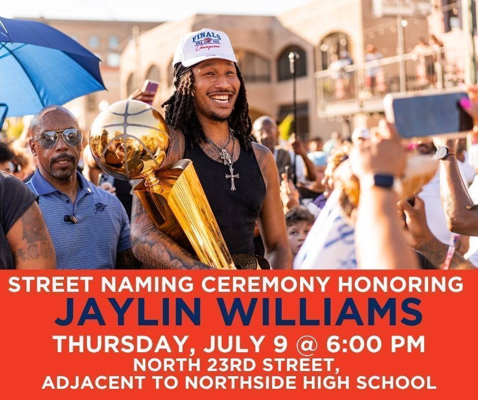 FtSmithARK's tweet photo. Thursday evening, we'll celebrate the official naming of Jaylin Williams Court in honor of Fort Smith native and Oklahoma City Thunder player @JaylinWilliams.

When: Thursday, July 9, 6:00 p.m.
Where: North 23rd Street, adjacent to Northside High School https://t.co/rxR6pMhlzg