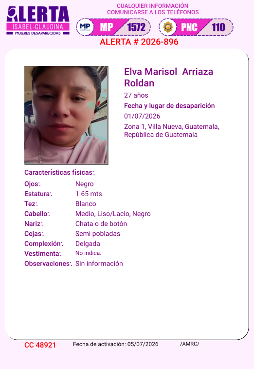 isabel_claudina's tweet photo. #AlertaIsabelClaudina
🚨 Ayúdenos a encontrar a
ELVA MARISOL ARRIAZA ROLDAN
Desapareció el 01 de julio del año 2026
Cualquier información comunicarse al teléfono 📞 1572
Gracias por difundir esta información❗ https://t.co/i2sW0gwVvV