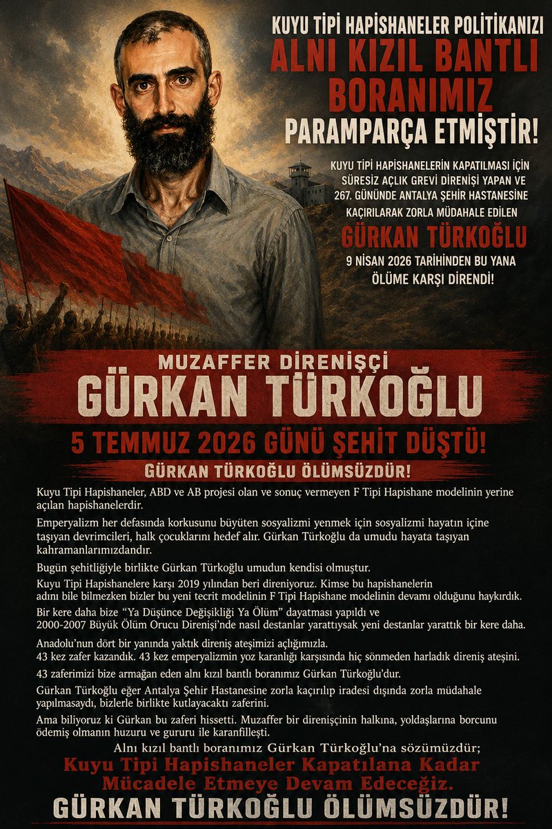 HalkSinemas1's tweet photo. Halk Sineması:
Kuyu Tipi Tecrit Saldırısına Karşı Direnen ve
Halkına Zafer Armağan Eden
Muzaffer Direnişçi Gürkan Türkoğlu Ölümsüzleşti!
#GürkanTürkoğlu
#KuyuTipiHapishanelerKapatılsın @8tayadliaileler @tv_cozum2026 @Peopleslaw_int @UMUTTV_yeni @umuttastangzt @ibrhmvarli https://t.co/2BbZgqxRs0