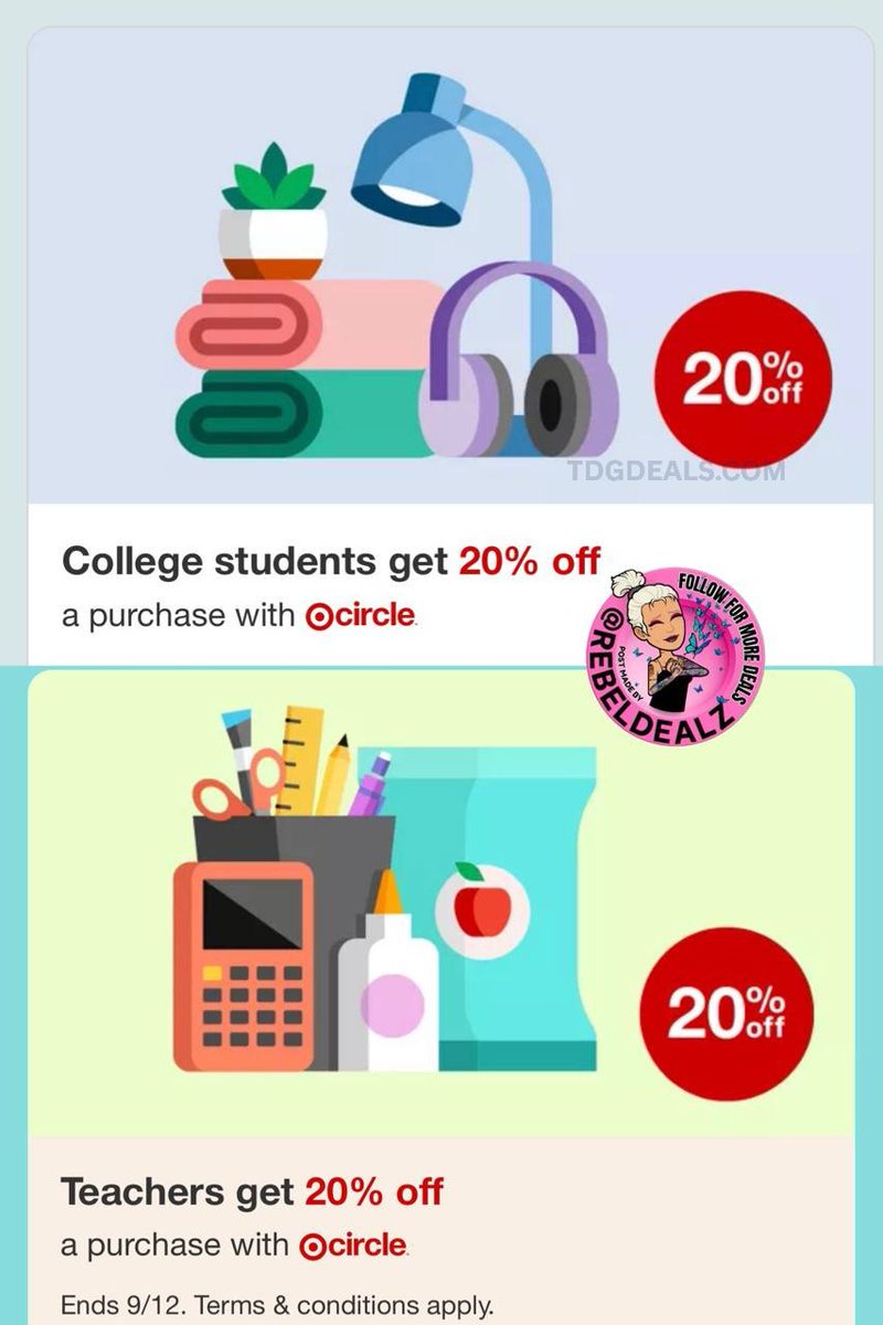 thedealsguy_'s tweet photo. 🎯 TARGET 20% OFF IS LIVE

Verified college students and teachers can now activate a 20% OFF Target Circle offer on one purchase through Sept. 12.

🎓 Students: https://t.co/O4ZamFCpC3

👩‍🏫 Teachers: https://t.co/GnncEzKkyP

#ad https://t.co/SdWuBcYdWJ
