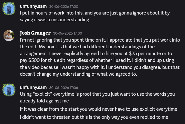 sam__vfx's tweet photo. When I finally got a response(after threatening to take it to social media), I was told it was supposedly just a "trial" and that there was never an agreement to pay because the edit wasn't used. https://t.co/7P5NhUhVSW