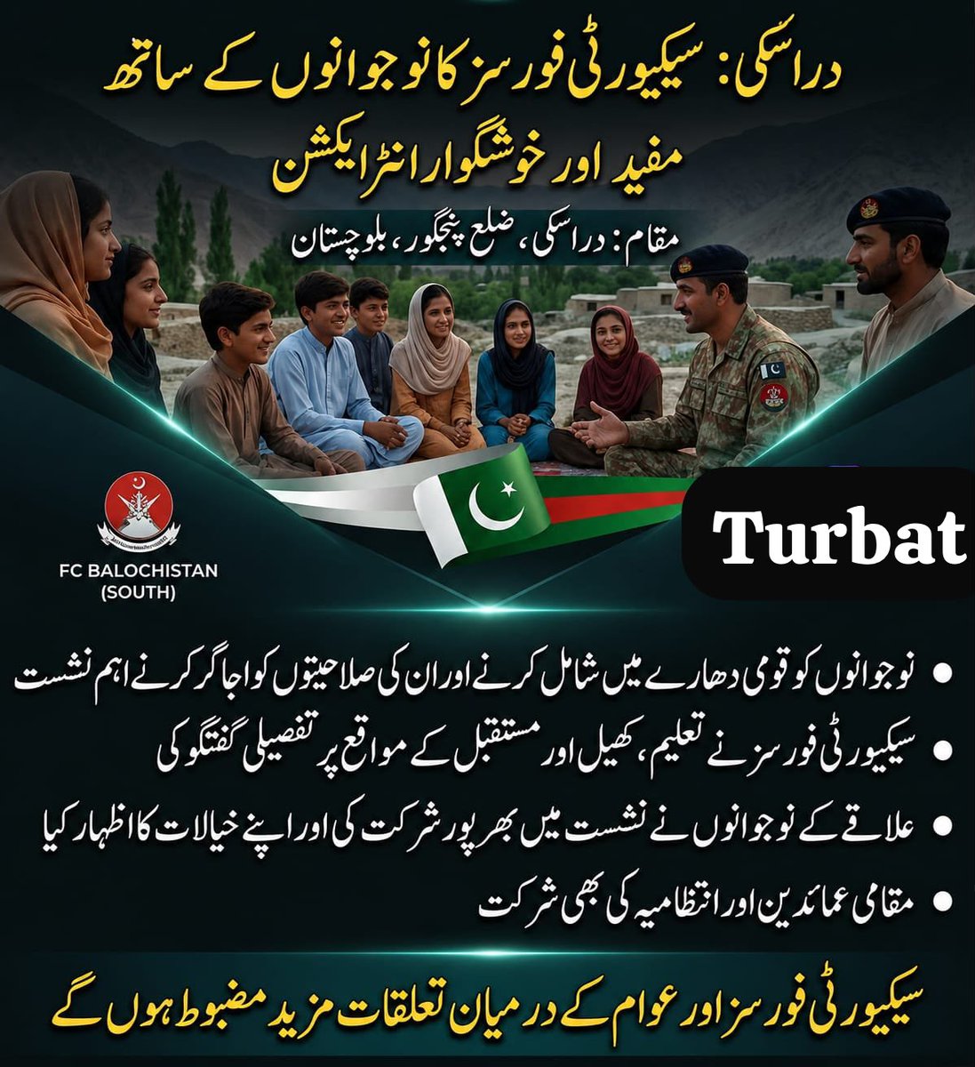 nimrabalochh78's tweet photo. سکیورٹی فورسز نے ضلع پنجگور میں مقامی نوجوانوں  سیشن کا انعقاد کیا، جس میں تعلیم، کھیل اور مستقبل کے مواقع پر تبادلۂ خیال کیا گیا۔ اس اقدام نے نوجوانوں کی حوصلہ افزائی اور عوام و سکیورٹی فورسز کے باہمی روابط کو مزید مضبوط کیا۔ 🇵🇰
#Turbat ⁦#Balochistan⁩ ⁦#Securit https://t.co/KGRIQSTaiG