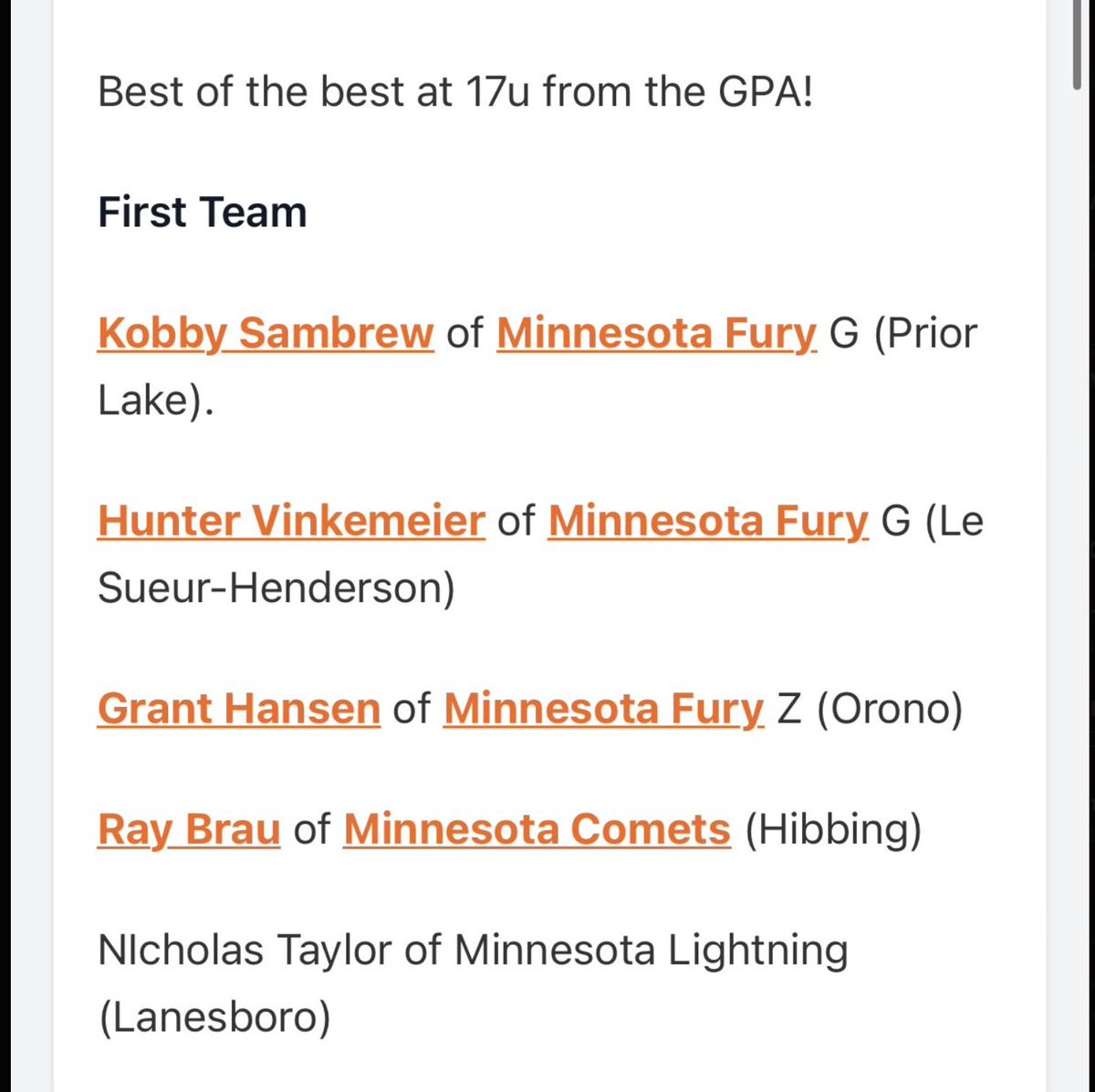 granthansen_11's tweet photo. Thank you @RyanJamesMN for placing me on the first team all GPA last weekend! https://t.co/DKwWlLIZjo
