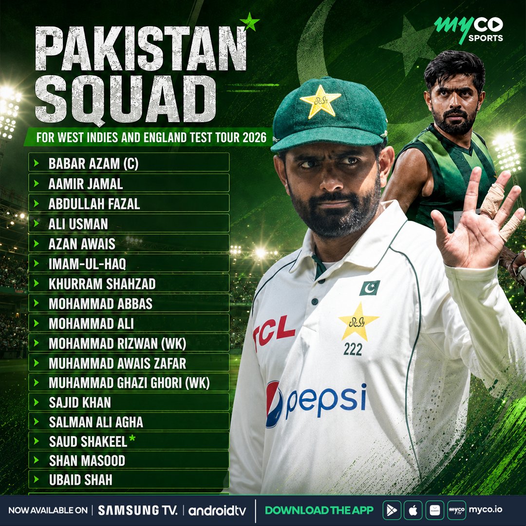 myco_sports's tweet photo. Pakistan Test squad is ready for the West Indies and England tour 2026! Babar Azam leads the side as Pakistan gears up for a big red-ball challenge. Time to bring the passion, patience, and Test cricket class. 🔥
#PakistanCricket #BabarAzam #PakistanSquad #TestCricket #PAKvsWI https://t.co/2sMpRYrqag