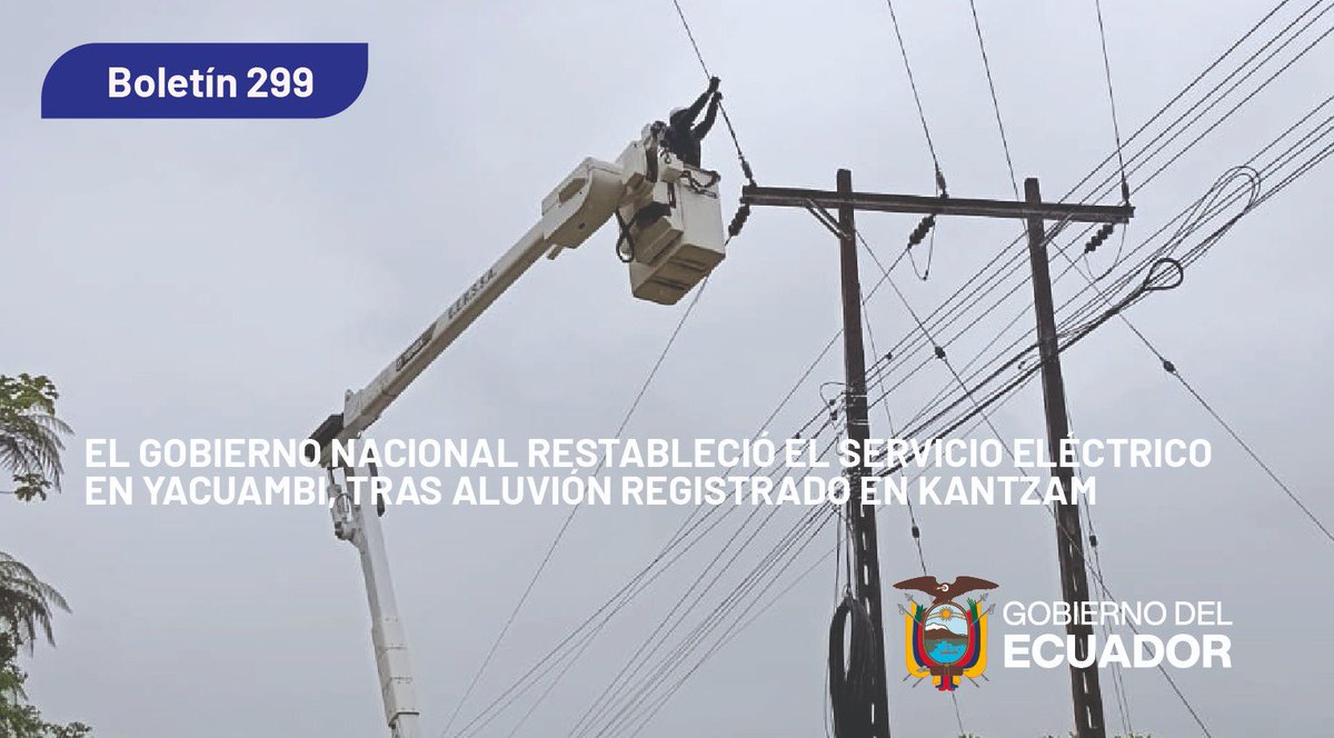 EcuadorMAE's tweet photo. ⚡️[BOLETÍN DE PRENSA]

El gobierno Nacional restableció el servicio eléctrico en Yacuambi, tras aluvión registrado en Kantzama

Más detalles en: https://t.co/71xtowgeh8 https://t.co/7x9dLmhaiP