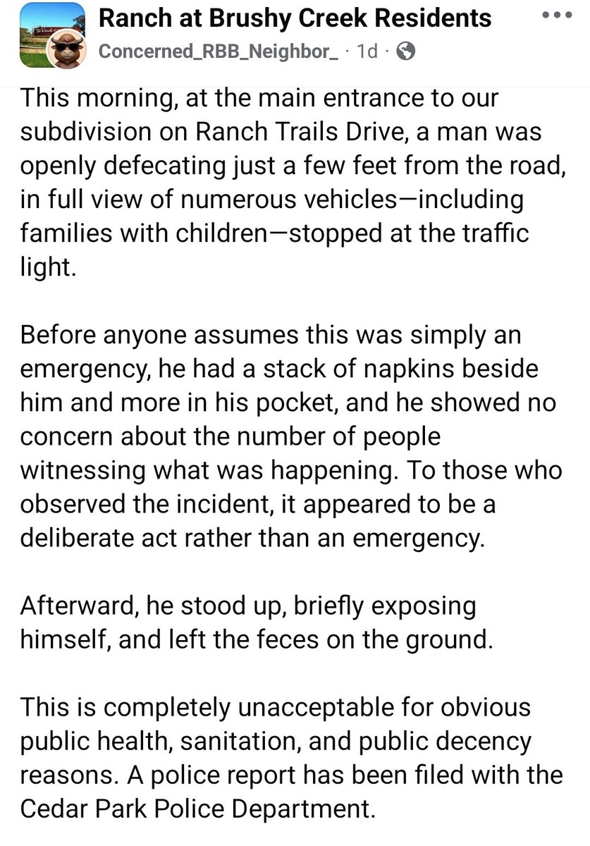drbone4tx's tweet photo. Is this the 'new' Texas now? Street defecation in a family neighborhood in what used to be a solid conservative area of Williamson County. Children should NOT have to witness this garbage, and reading the comments, it sounds like this isn’t the first time in Cedar Park. 🤬

Where are the elected officials?