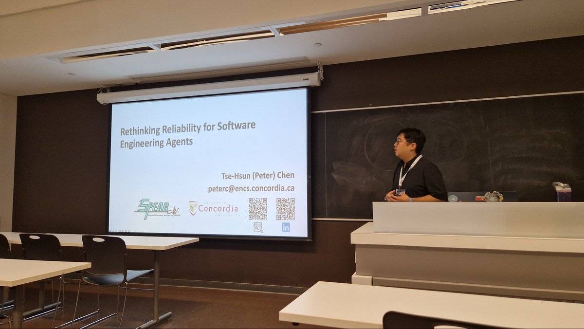 promise_conf's tweet photo. 🎤  Keynote 2 at #PROMISE2026: "Rethinking Reliability for Software  Engineering Agents" — Tse-Hsun (Peter) Chen (@petertsehsun) kickstarts Session 3. What does "reliable" mean when agents are writing code? Come find out! @FSEconf  #PROMISE26 #FSE26 #FSE2026 https://t.co/pPUqeMV8WT