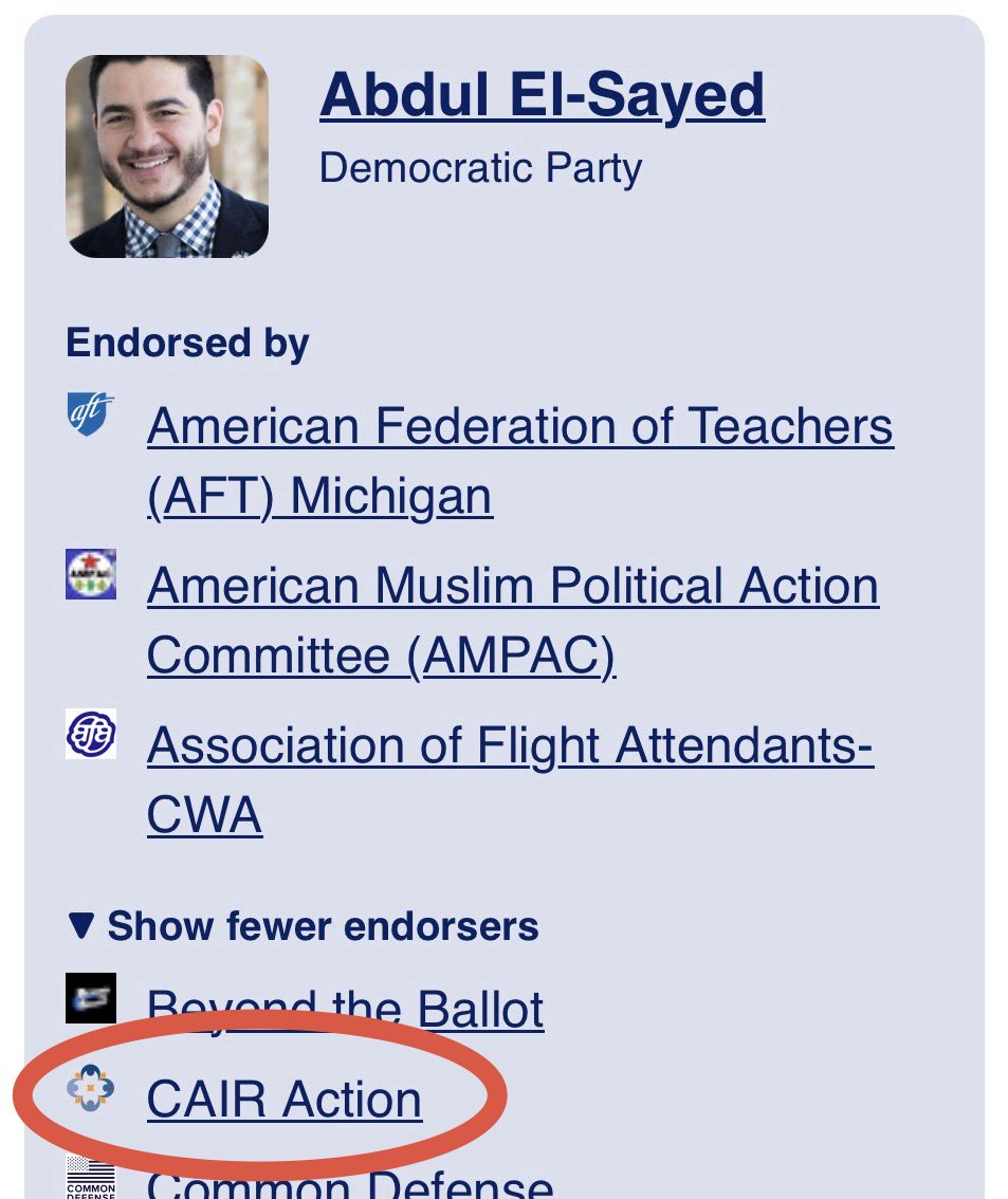 JustinUSA's tweet photo. @MalloryMcMorrow Abdul El-Sayed is a radical socialist backed by CAIR and other Islamic foreign lobby groups.

We can’t allow socialism to ruin America. https://t.co/HFZtVlhS0k
