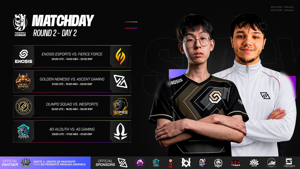 CR_Supremacy's tweet photo. ⚫️ 𝐌𝐀𝐓𝐂𝐇𝐃𝐀𝐘 - 𝐑𝐎𝐔𝐍𝐃 𝟐 - 𝐃𝐀𝐘 𝟐 ⚔️

⚡ SUPREMACY LIGHTNING SUNDAY IS HERE! 🏆🔥

It’s Group A’s turn to take the stage! Can AS Gaming hold on to the top spot, or will the standings be shaken up? 👀📈

Good luck to all teams! 🚀

🇭🇺 @EnosisCR 🆚 @FierceForceOP 🇺🇸
⏰: 20:00 UTC - 14:00 🇲🇽 - 22:00 🇪🇸
📺🇪🇸: https://t.co/VPBCM42lJ3
📺🇪🇸: https://t.co/D2RjXSIWq9
🎙️🇪🇸: @elpana507xd
📺🇺🇸: https://t.co/S5EMJNsWCg
🎙️🇺🇸: @ArkaneCr01

🇨🇴 @GoldenNeme19434 🆚 @AscentGamingGg 🇵🇪
⏰: 21:00 UTC - 15:00 🇲🇽 - 23:00 🇪🇸
📺🇪🇸: https://t.co/VPBCM42lJ3
📺🇪🇸: https://t.co/D2RjXSIWq9
🎙️🇪🇸: @elpana507xd
📺🇺🇸: https://t.co/S5EMJNsWCg
🎙️🇺🇸: @ArkaneCr01

🇵🇪 @OlimpoSquad 🆚️ @WeSports_CR 🇩🇪
⏰: 22:00 UTC - 16:00 🇲🇽 - 0:00 🇪🇸
📺🇪🇸: https://t.co/TOheAE1nmv
📺🇪🇸: https://t.co/ceW0lwL0nw
🎙️🇪🇸: @Recameca
📺🇺🇸: https://t.co/S5EMJNsWCg
🎙️🇺🇸: @ArkaneCr01

🇪🇸 @40KLOUTH 🆚 @_AS_Gaming 🇵🇪
⏰: 23:00 UTC - 17:00 🇲🇽 - 1:00 🇪🇸
📺🇪🇸: https://t.co/TOheAE1nmv
📺🇪🇸: https://t.co/ceW0lwL0nw
🎙️🇪🇸: @Recameca
📺🇺🇸: https://t.co/S5EMJNsWCg
🎙️🇺🇸: @ArkaneCr01

#SMCY2026 #WeAreSL #ClashRoyale