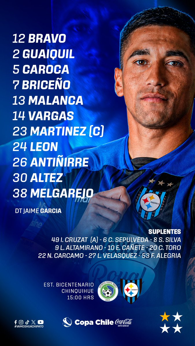 Huachipato's tweet photo. 𝑨𝑳𝑰𝑵𝑬𝑨𝑪𝑰𝑶́𝑵 Marathon 📋

✍️Revisa aquí a los 1️⃣1️⃣ Acereros que enfrentarán a Deportes Puerto Montt en el  sur 🔵⚫️

#VamosHuachipato 
#ElMásGrandeyÚnicoCampeóndelSur🏆 https://t.co/GnxuH5wcLO