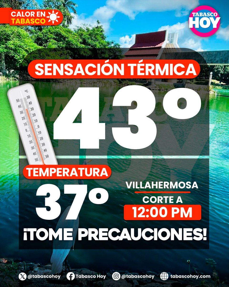 TabascoHOY's tweet photo. #ClimaTH ☀️ l La sensación térmica en Villahermosa alcanza los 43°C, mientras que la temperatura ambiente se ubica en 37°C, de acuerdo con el último corte de la 12:00 del día. #Tabasco.
👉 https://t.co/XgVUDpMfck https://t.co/b4AJB0htDA