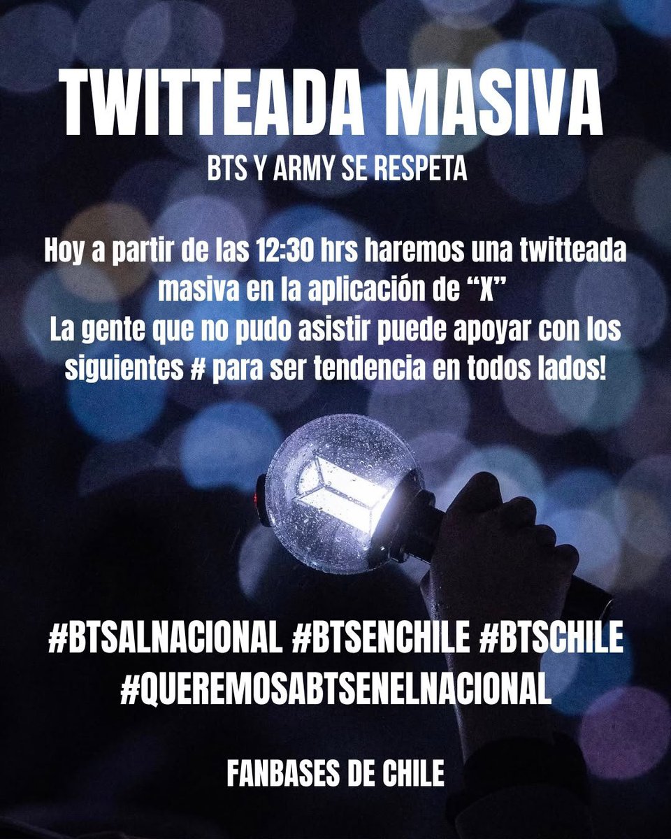 pjmIesviu's tweet photo. PARA LOS QUE ESTAMOS LEJOS Y SOMOS DE OTRO PAIS PODEMOS AYUDAR CON LAS TENDENCIAS, HAGAMOS RUIDO POR ELLAS Y POR ESTA INJUSTICIA QUE CHILE ARMY ESTA PASANDO

- RT &amp; REPLY AYUDEMOS MASIVAMENTE 👇💜

#BTSALNACIONAL
#BTSENCHILE
#BTSCHILE
#QUEREMOSABTSENELNACIONAL https://t.co/RxE7vgEjTq