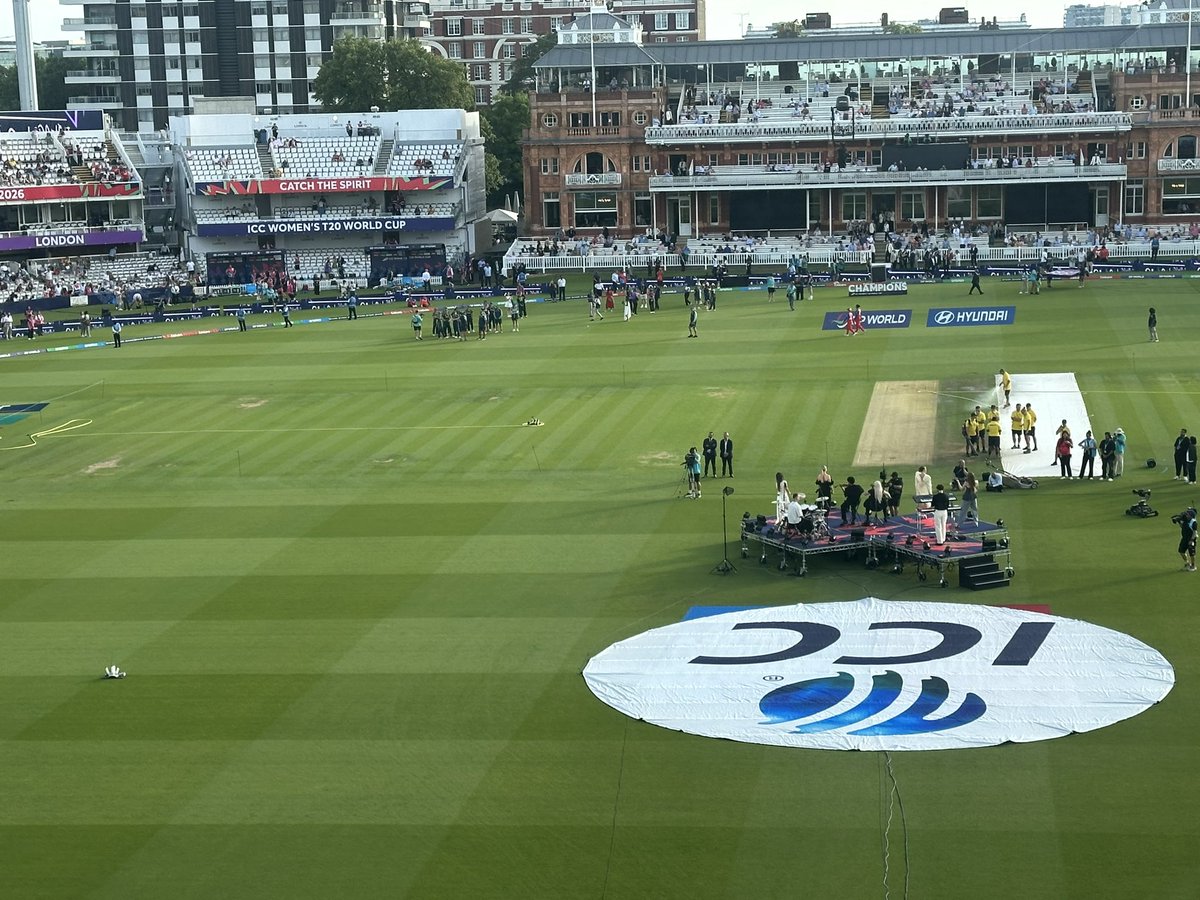 LMcKirdy7's tweet photo. The Aussies are being forced to watch a music performance for 20 minutes before being able to lift the trophy. 

More than half the stadium is empty and the ICC logo is bigger than the stage Clean Bandit is performing on. 

This is just bizarre. Let them celebrate. 

#T20WorldCup https://t.co/I8QmcKu15Q