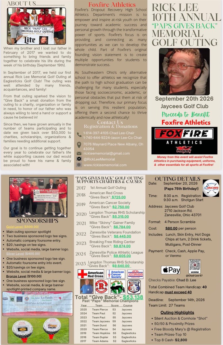 RickLeeMemorial's tweet photo. We have many early business sponsors to thank on this 4th of July weekend! 🎆🇺🇸 They are the reason we are able to “give back” to @FoxfireAth2024
for our 10th Year on Sept 20 👏🏻 
@JLee9127 
——————————————-
Tat’s 🍕Maysville Pike
Goss Supply Co 
@GolfChapelHill 
@DenisonGolfClub 
@RiverGreensGC 
@DunkinsDiamonds
@texasroadhouse (Newark) @raisingcanes (Sophie in TX)
@Broadway_Pub 
@DankHouseBrews 
Luikart HVAC
Phoenix Rose Fasteners
Yoder’s Fresh Market
Affordable Portables
Park Lanes Bowling 
Financial Blueprints (Greg Large)
More to come…!!! THANK YOU 🤝