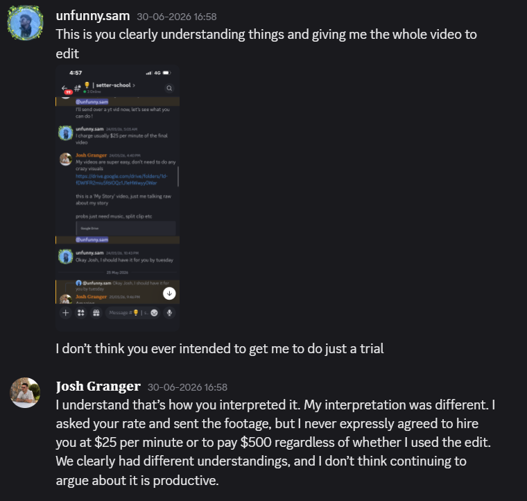 sam__vfx's tweet photo. When I finally got a response(after threatening to take it to social media), I was told it was supposedly just a "trial" and that there was never an agreement to pay because the edit wasn't used. https://t.co/ytYkDVxjBX
